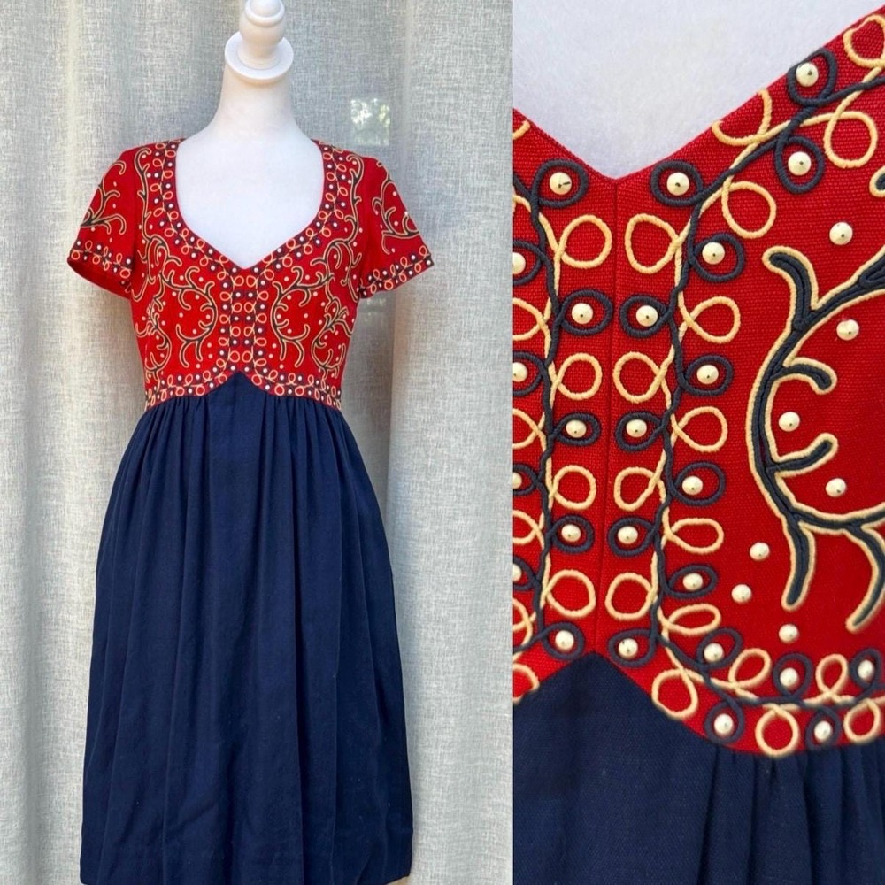 1970 HARMANY Bead  Embroidered Red White Blue Linen Dress